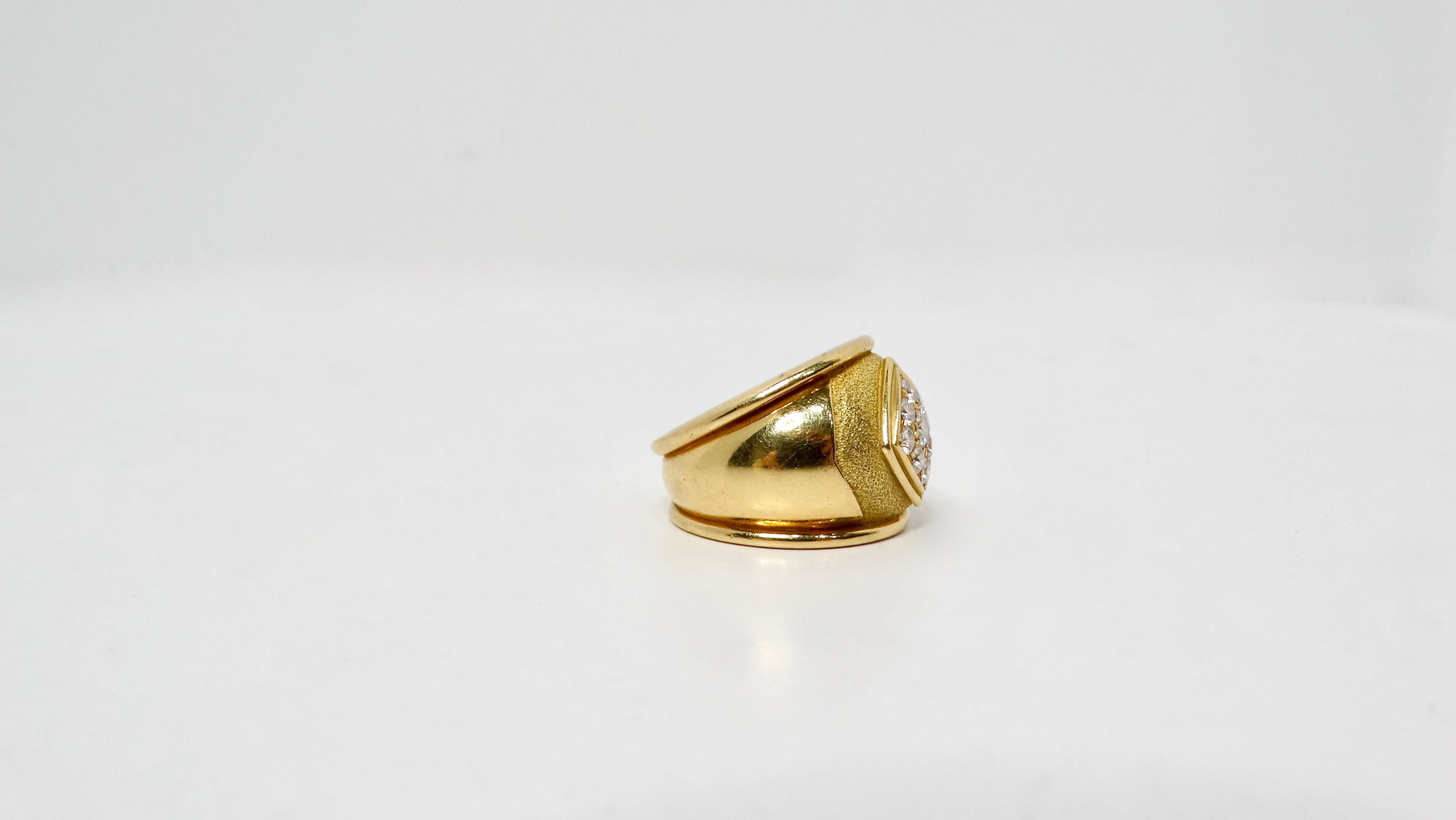 The Leo De Vroomen 1980s 18k Gold & 9-Diamond Cluster Cocktail Ring is a stunning testament to classic craftsmanship and timeless design. Featuring an elegantly thick band, this ring showcases a harmonious blend of smooth and textured gold,