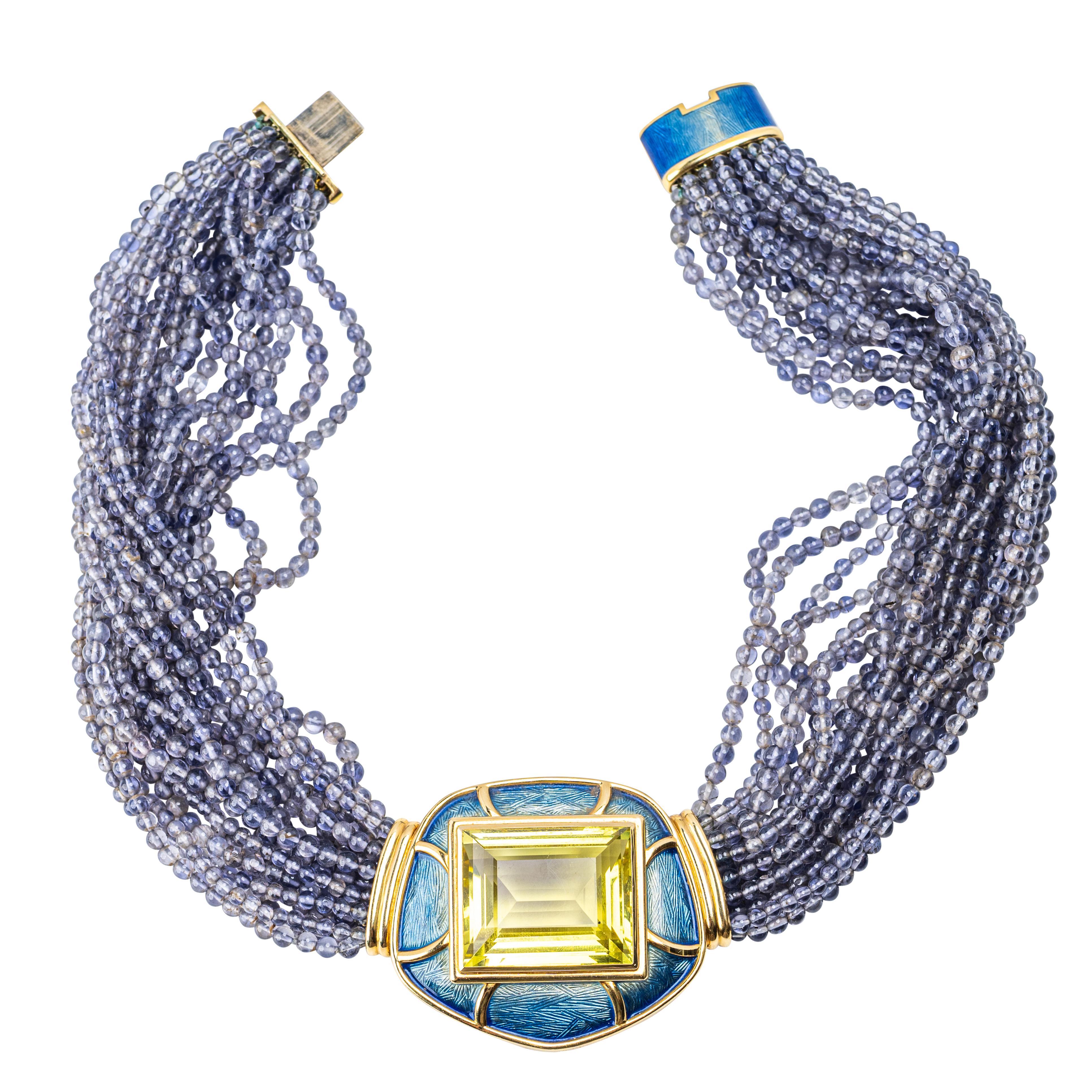 Leo de Vroomen Citrine, Enamel and Diamond Necklace, 18 Karat Gold

This exceptional necklace by London master jeweler Leo de Vroomen centers a spectacular step-cut citrine, measuring 24.8 mm x 15 mm x 30 mm (approx. 80–90 carats), mounted within a
