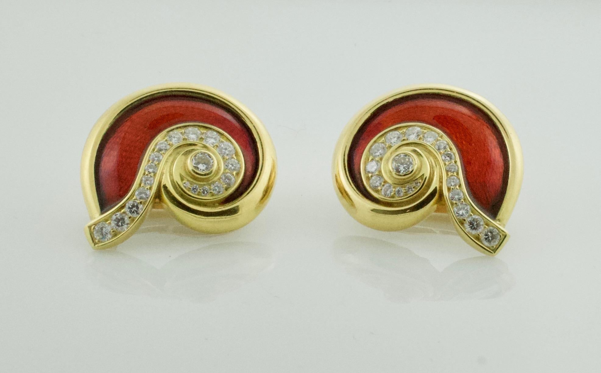 Round Cut Leo De Vroomen Diamond and Guilloché Red Enamel Earrings in 18k For Sale