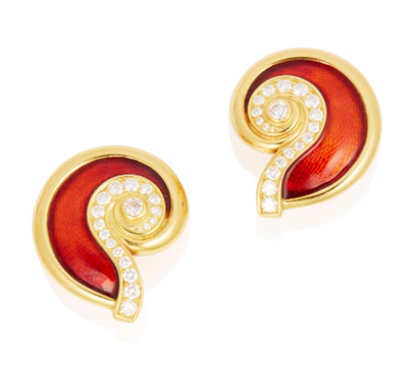 Leo De Vroomen Diamond and Guilloché Red Enamel Earrings in 18k In Excellent Condition For Sale In Wailea, HI
