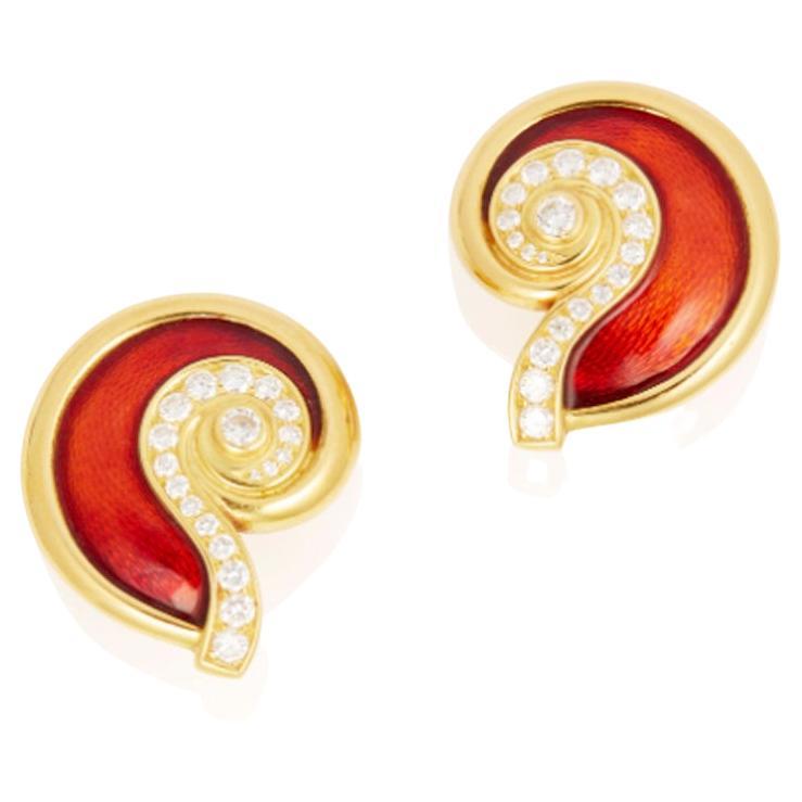 Leo De Vroomen Diamond and Guilloché Red Enamel Earrings in 18k For Sale