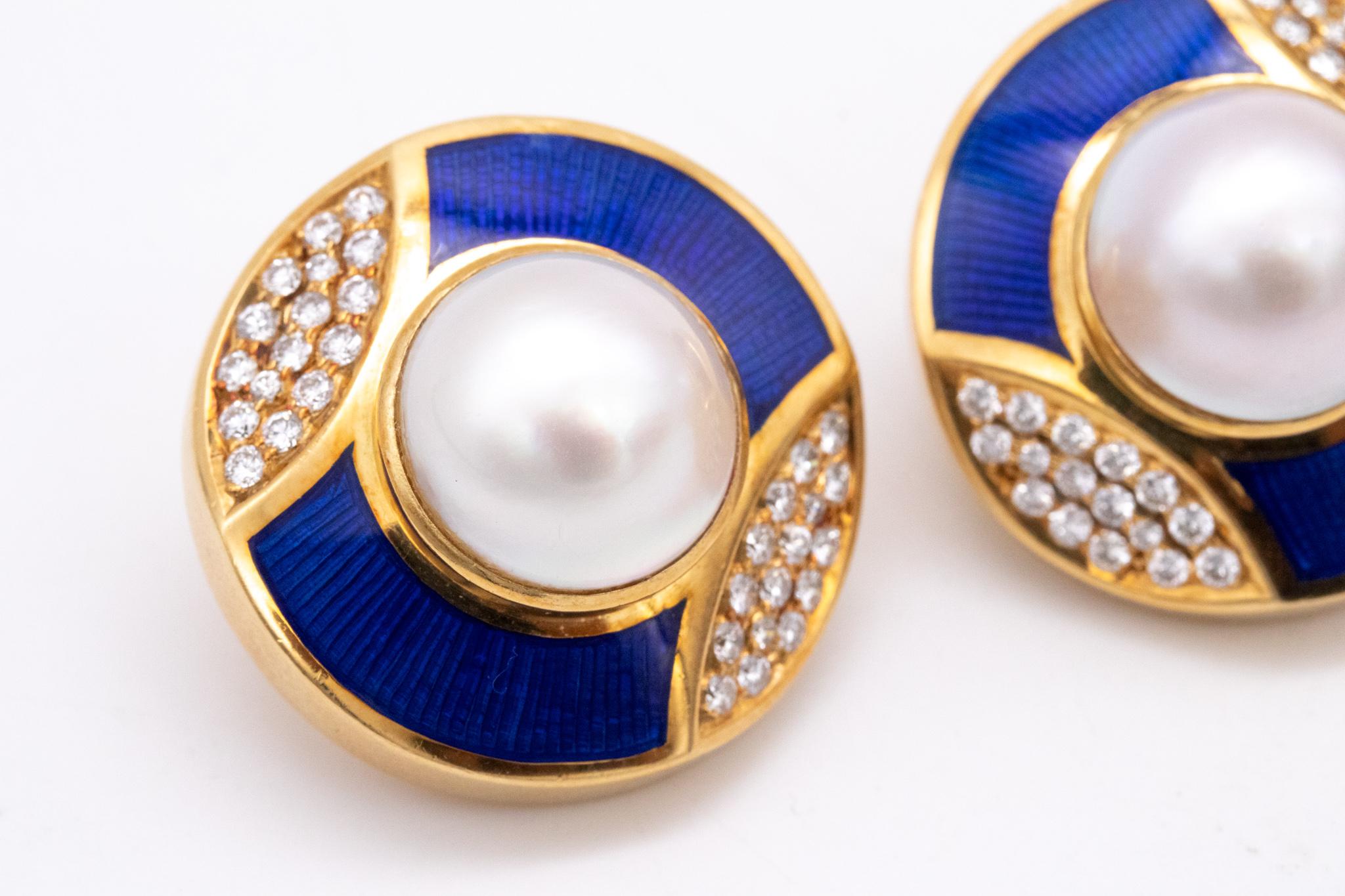 Contemporary Leo De Vroomen London Enameled Clip-Earrings 18Kt Gold 1.28 Cts Diamonds Pearls