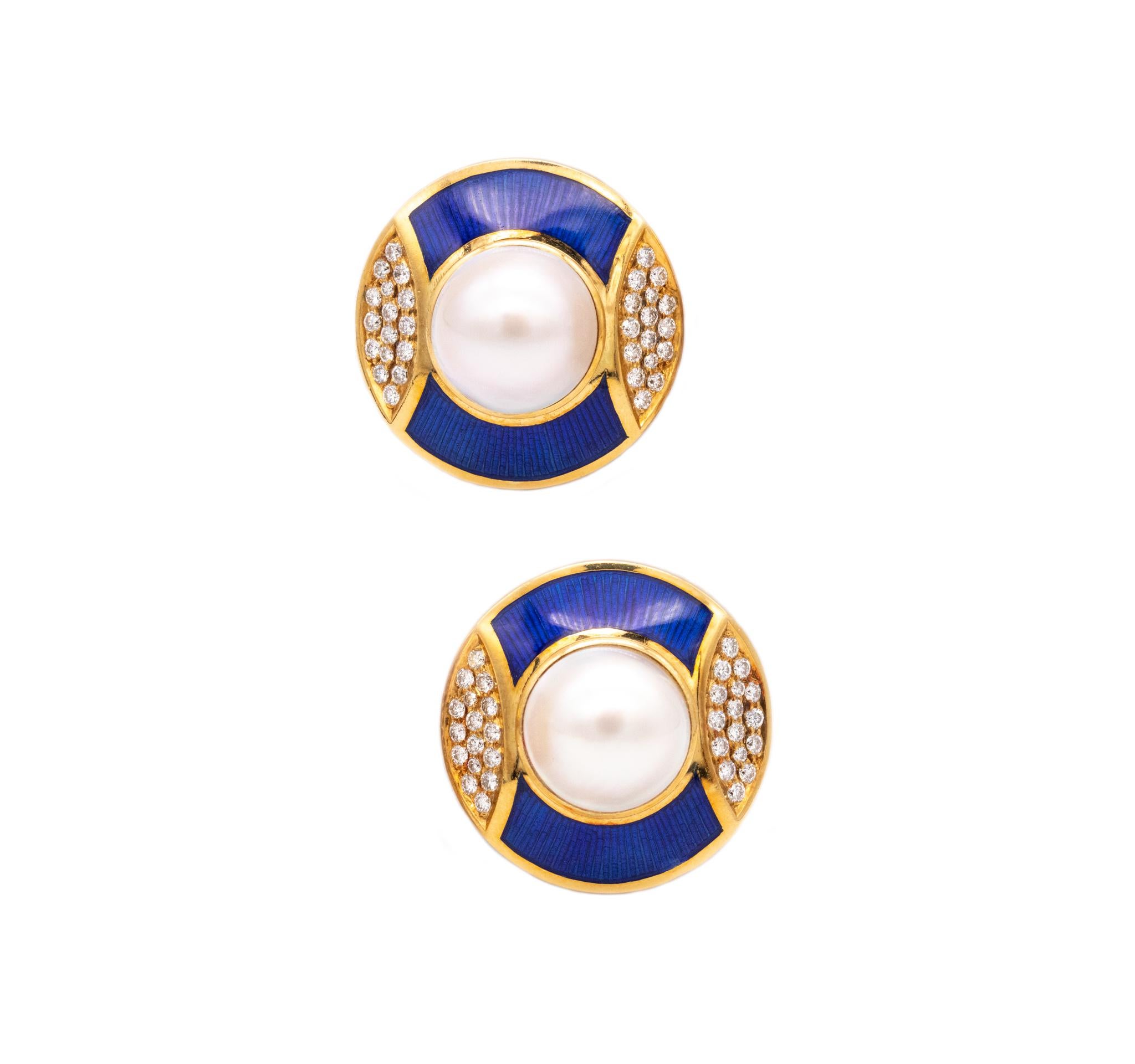 Women's Leo De Vroomen London Enameled Clip-Earrings 18Kt Gold 1.28 Cts Diamonds Pearls
