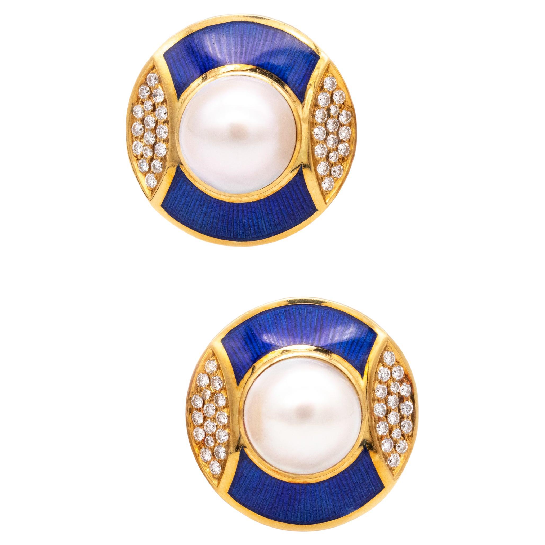 Leo De Vroomen London Enameled Clip-Earrings 18Kt Gold 1.28 Cts Diamonds Pearls