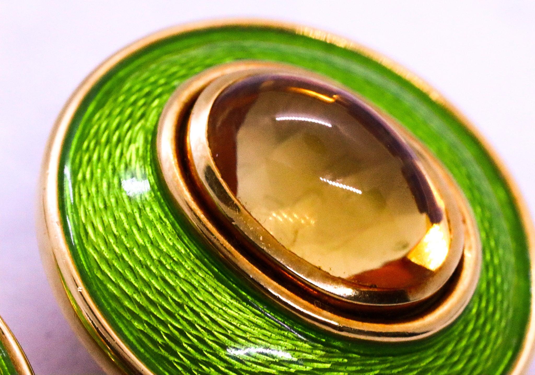 Cabochon LEO DE VROOMEN London Enameled Clip Earrings 18Kt Yellow Gold & 14 Cts Citrines For Sale