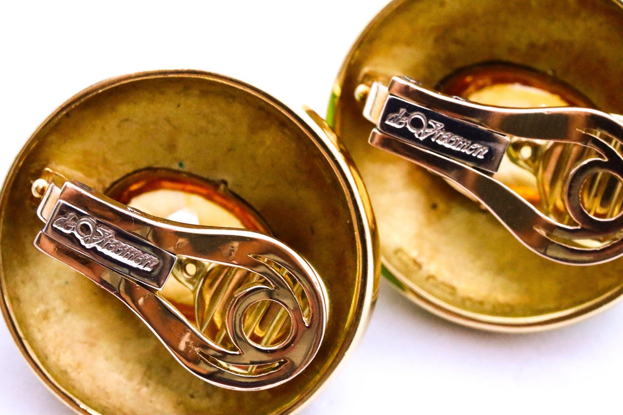 LEO DE VROOMEN London Enameled Clip Earrings 18Kt Yellow Gold & 14 Cts Citrines For Sale 1