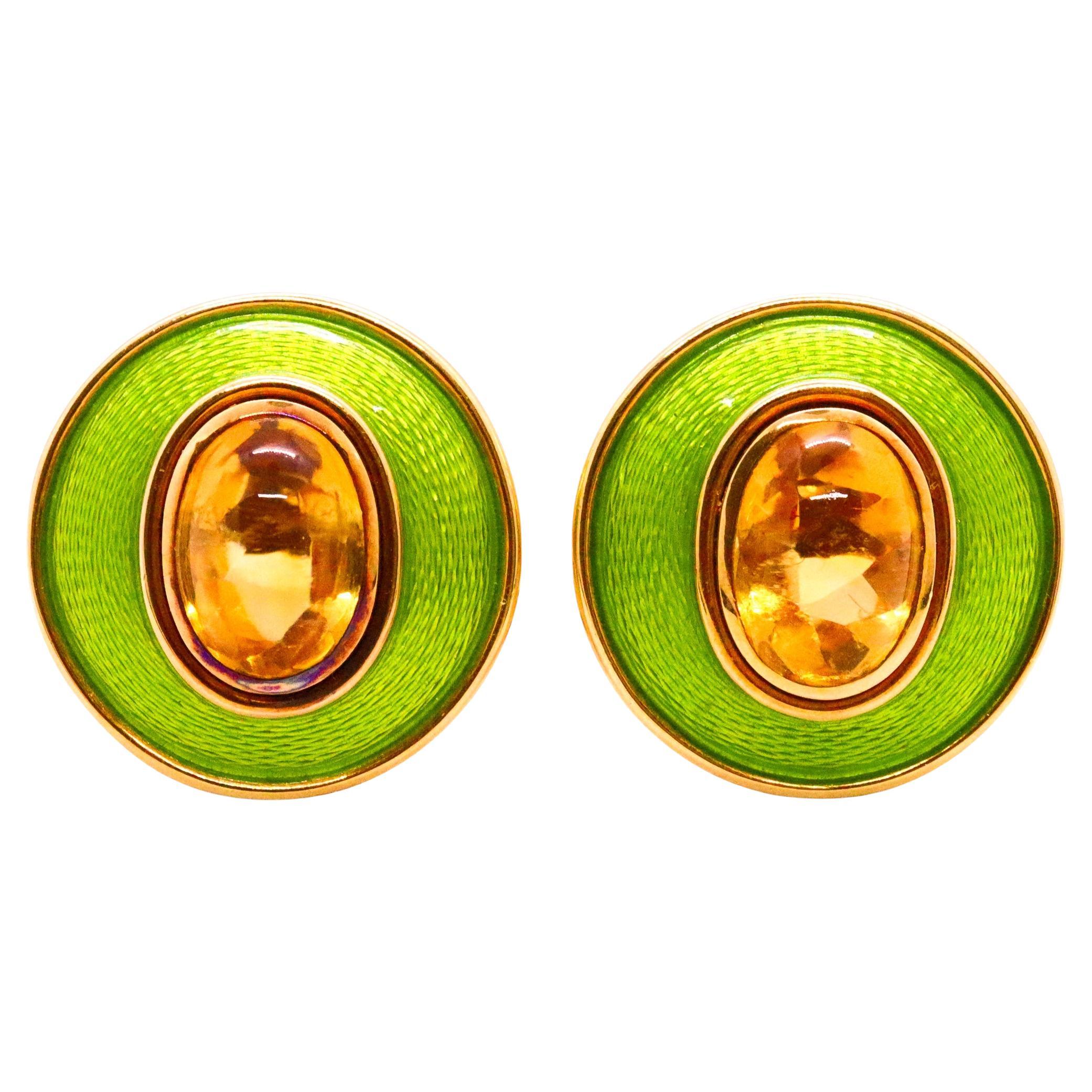 LEO DE VROOMEN London emaillierte Clip-Ohrringe 18Kt Gelbgold & 14 Karat Zitrinen