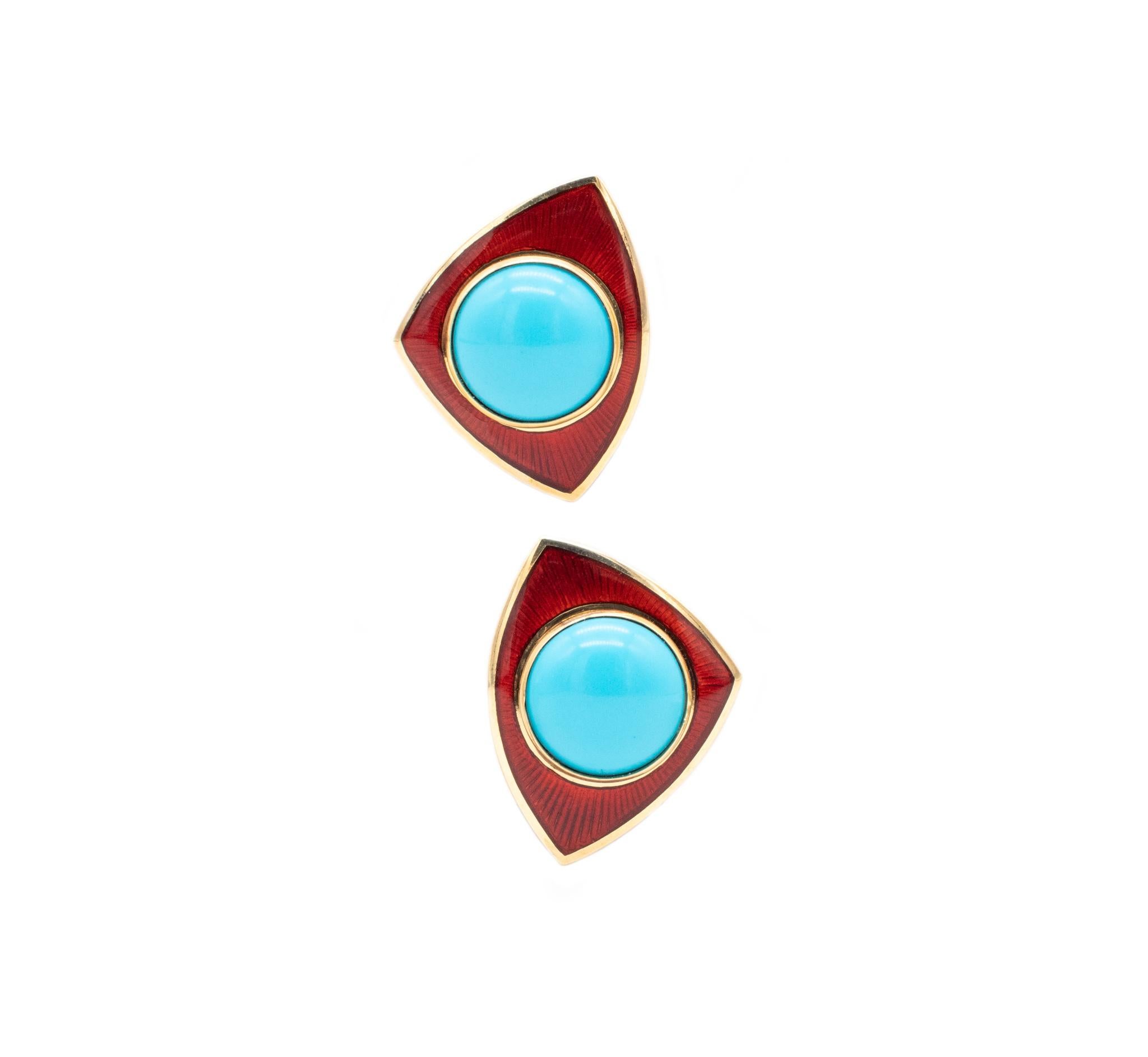 Pair of gem set clips-earrings designed by Leo De Vroomen.

A beautiful and colorful one-of-a-kind geometric round pieces, created in London United Kingdom by jewelry house of Leo De Vroomen. This pair of clips-earrings was carefully crafted in