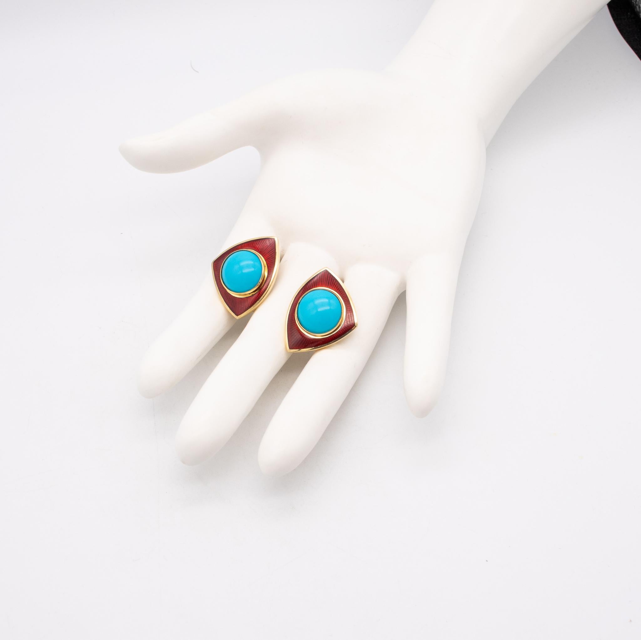 Modern Leo De Vroomen London Enameled Clips Earrings 18kt Gold with 24.5 Cts Turquoise For Sale