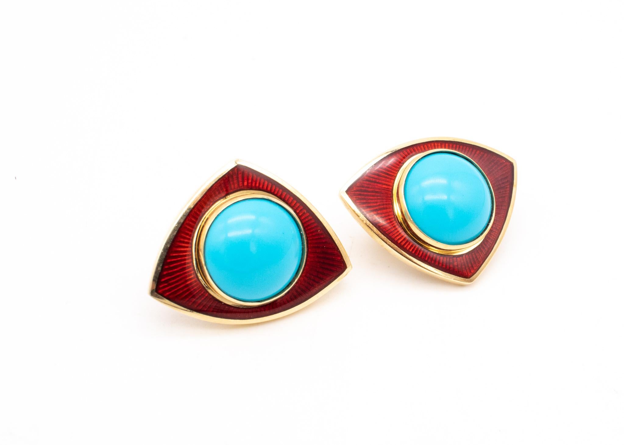 Women's Leo De Vroomen London Enameled Clips Earrings 18kt Gold with 24.5 Cts Turquoise For Sale