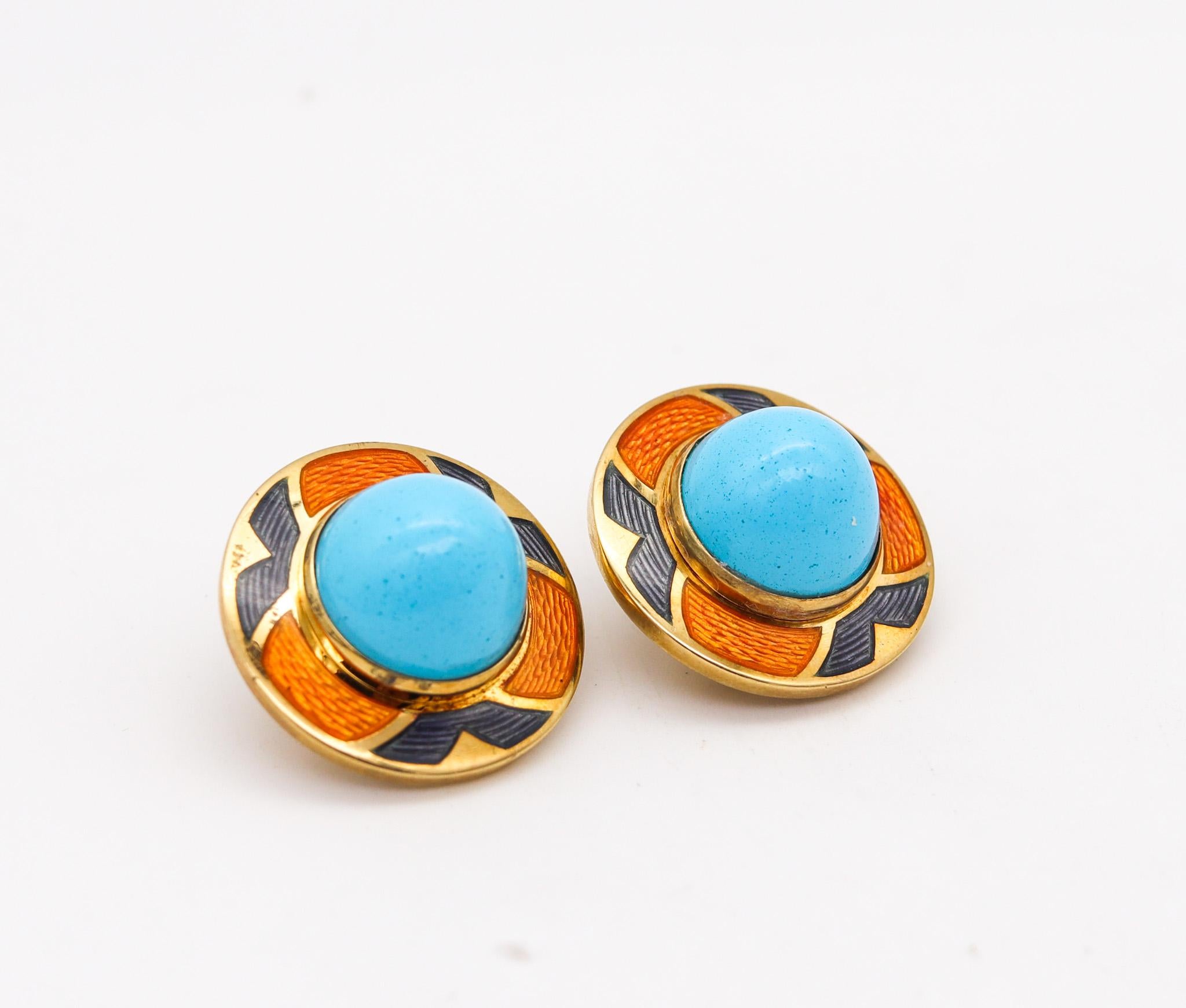 Pair of clips-earrings designed by Leo De Vroomen.

Beautiful and colorful round clips-on earrings, created in London United Kingdom by the jewelry house of Leo De Vroomen, back in the 1993. This pair of earrings was carefully crafted in solid