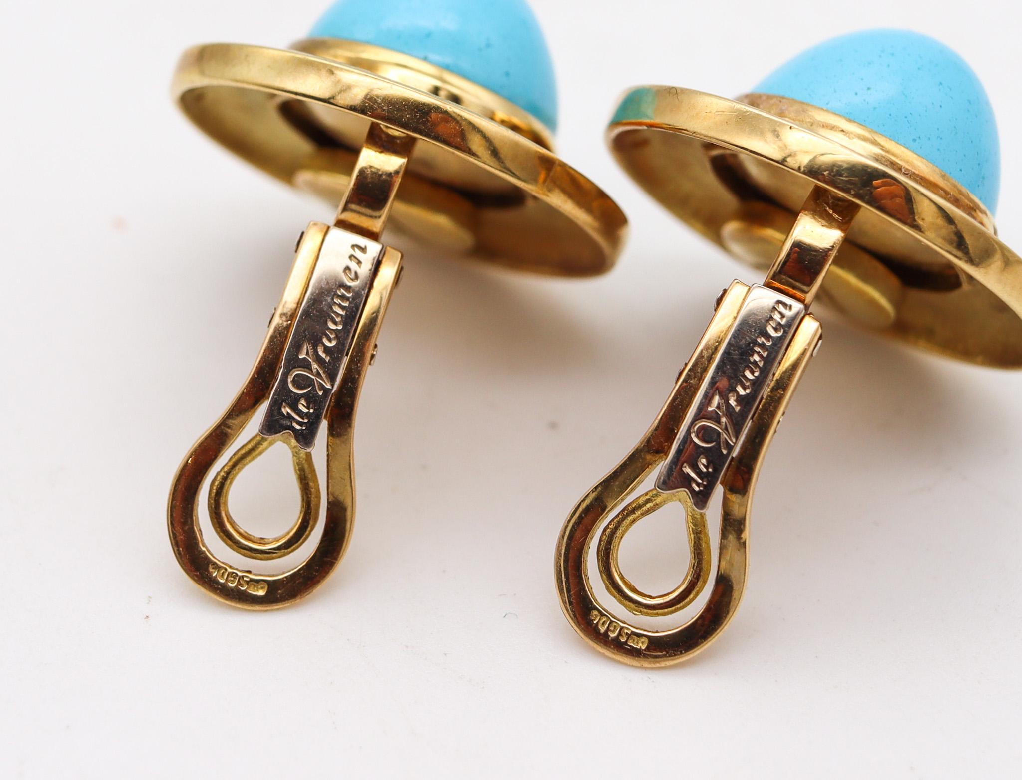 Cabochon Leo De Vroomen London Enameled Earrings in 18k Yellow Gold and Turquoises For Sale