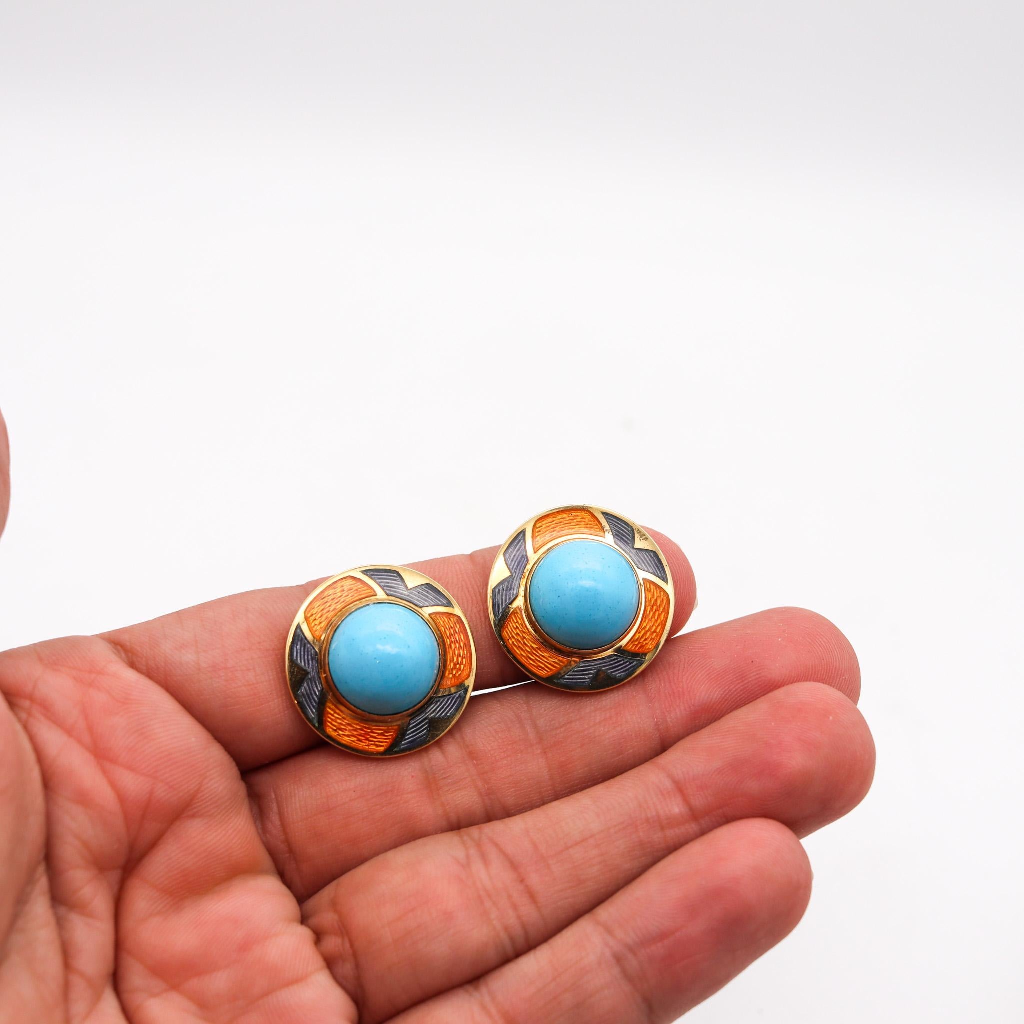 Leo De Vroomen London Enameled Earrings in 18k Yellow Gold and Turquoises In Excellent Condition For Sale In Miami, FL