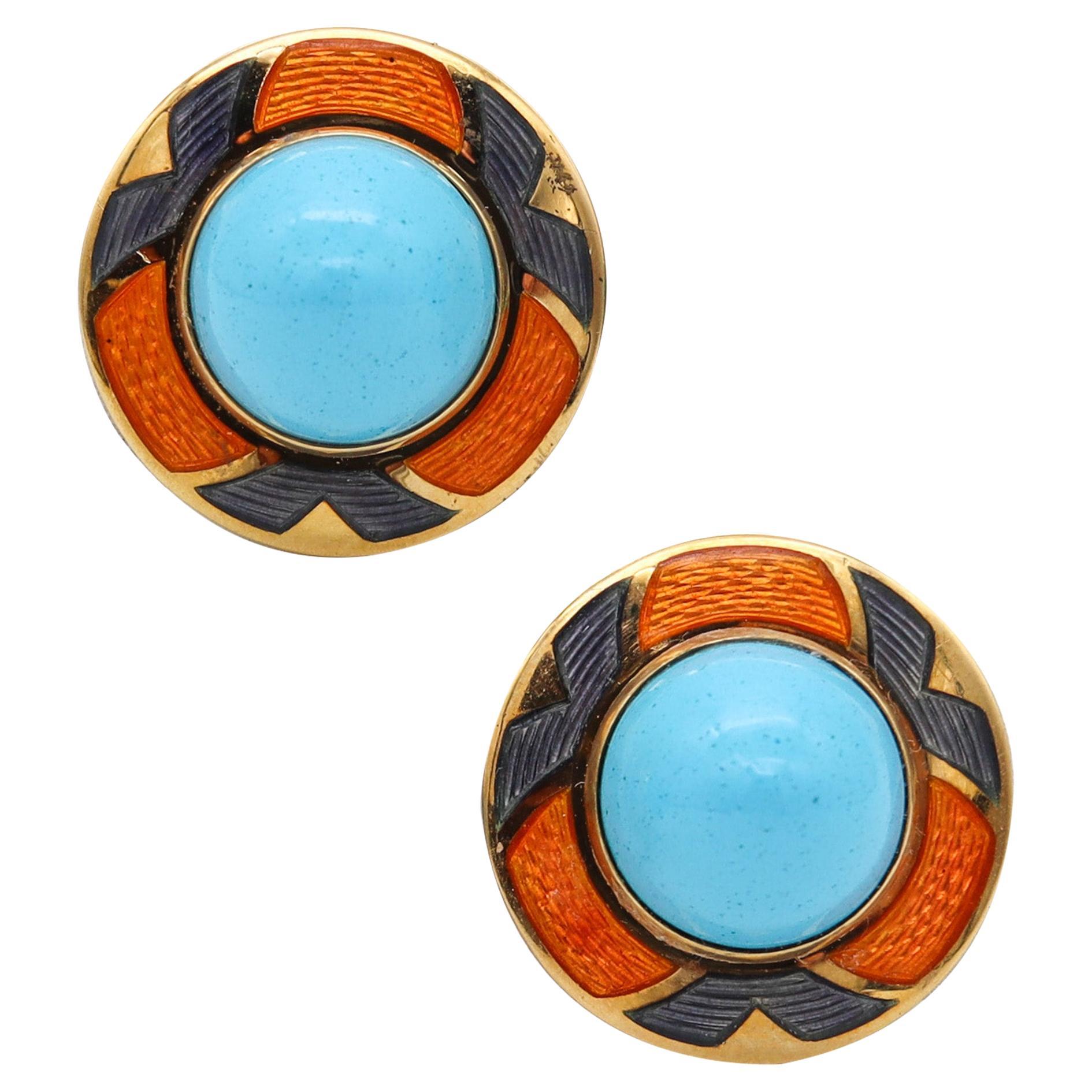 Leo De Vroomen London Enameled Earrings in 18k Yellow Gold and Turquoises For Sale