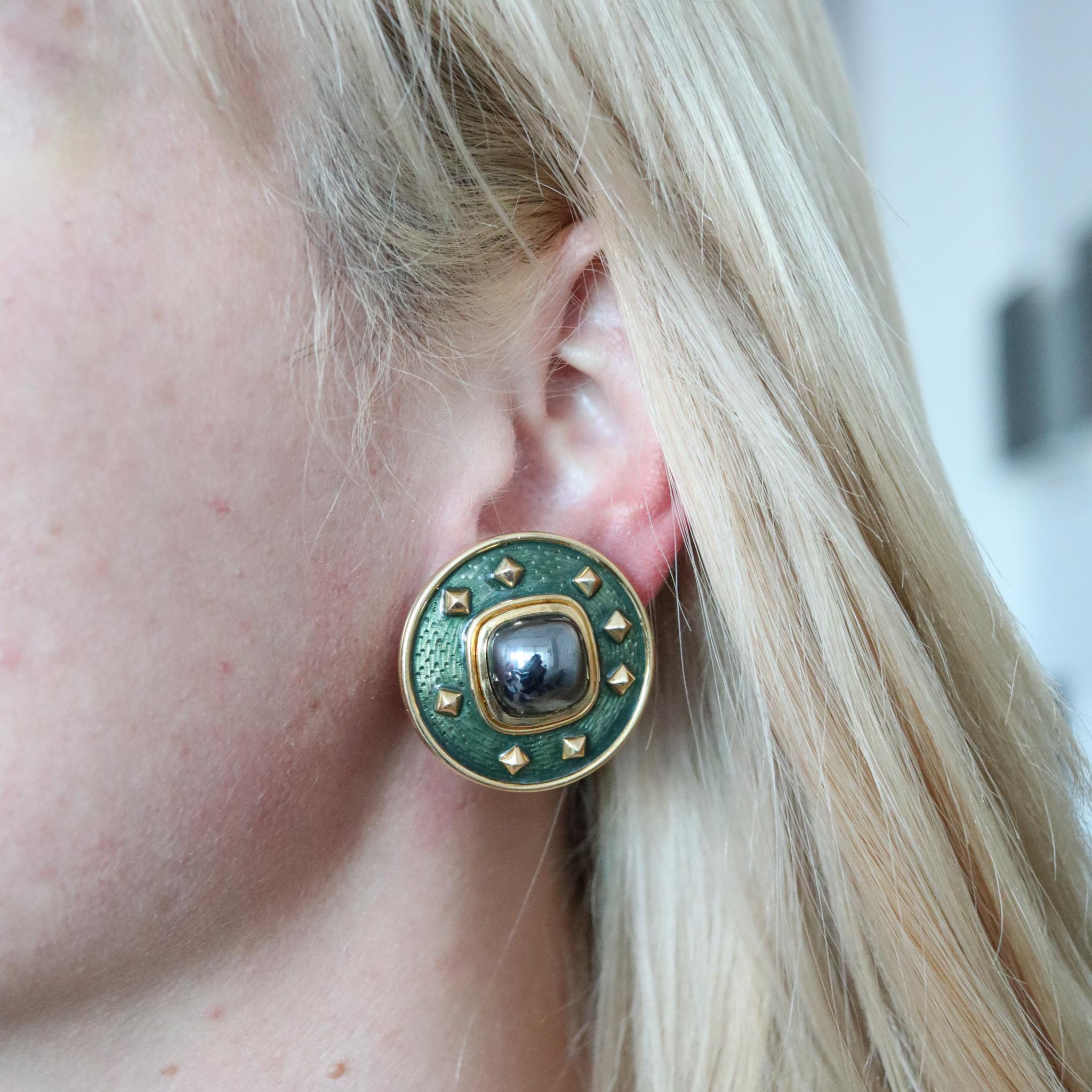 Leo De Vroomen London Oversized Enamel Earrings in Solid 18kt Gold with Hematite In Excellent Condition For Sale In Miami, FL