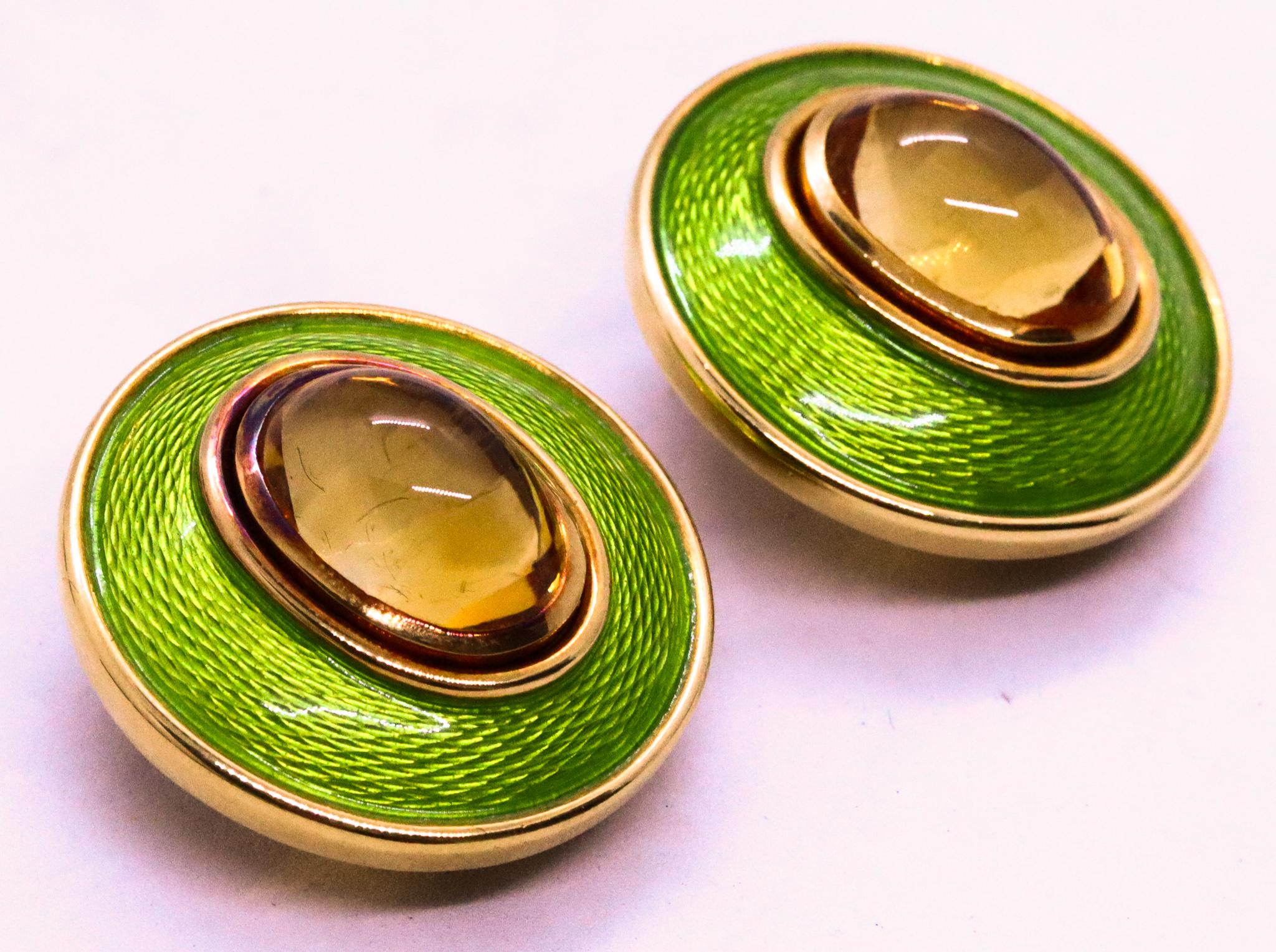 Leo De Vroomen London Pair Of Enameled Clip Earrings 18Kt Yellow Gold Citrines For Sale 2