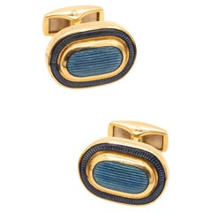 Leo De Vroomen London Rare Pair Blue Enameled Cufflinks Solid 18Kt Yellow Gold