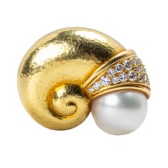 Leo de Vroomen, Pair of 18 Karat Gold, Pearl, and Diamond Ear Clips