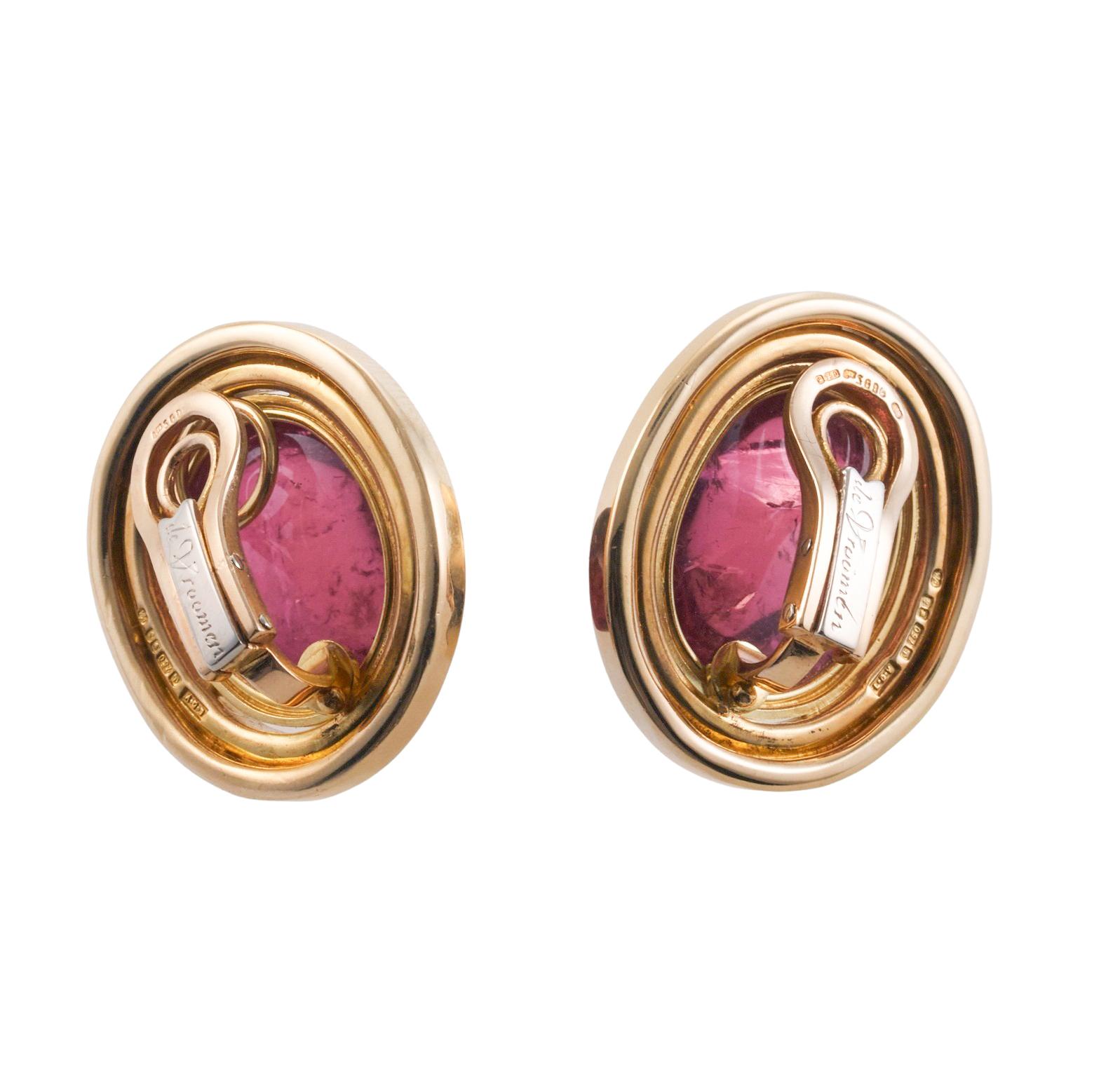 Leo de Vroomen Pink Tourmaline Cabochon Gold Earrings In Excellent Condition In New York, NY