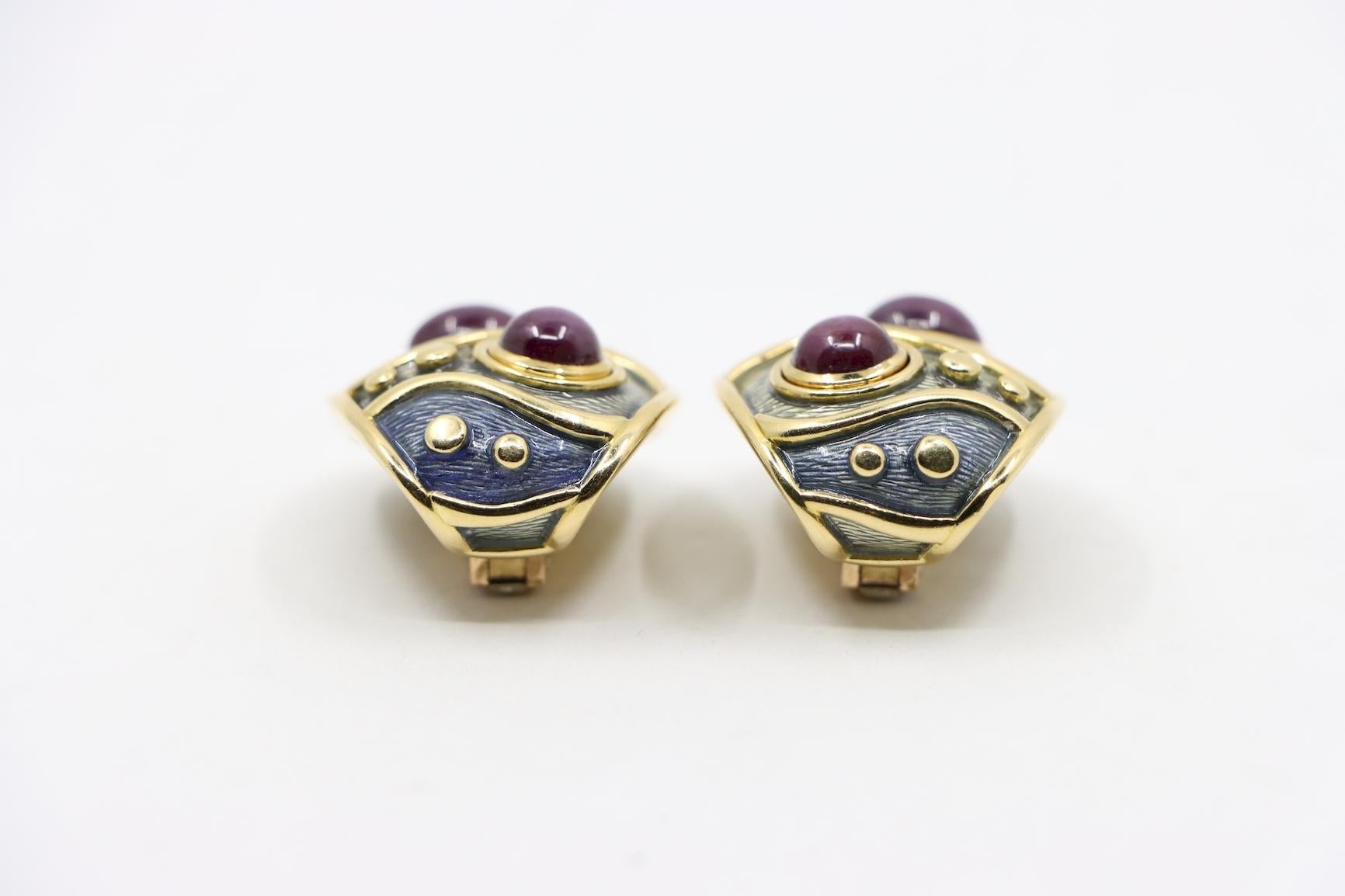 Leo De Vroomen Star Ruby and Enamel Ear Clips 18K Gold 6