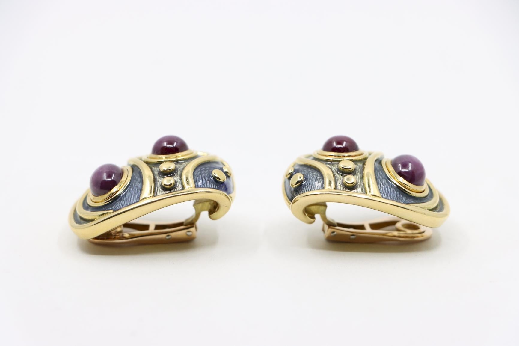 Leo De Vroomen Star Ruby and Enamel Ear Clips 18K Gold 2