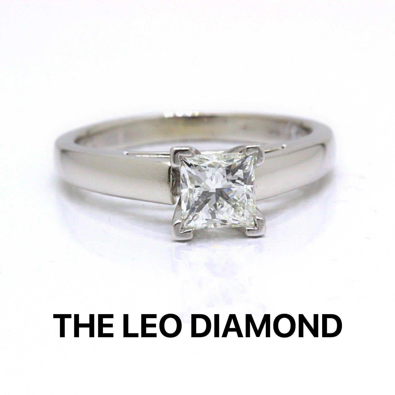 The Leo Diamond
Style:  4 Prong Solitaire Artisan Ring
Serial Number:  LEO 142600S
Metal:  14KT White Gold & Platinum Prongs
Size:   5.5 (sizable)
Total Carat Weight:  0.75 CTS
Diamond Shape:  Leo Princess
Diamond Color & Clarity:  I  / 