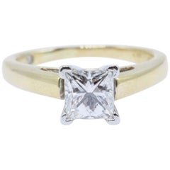 Used Leo Diamond Engagement Ring Princess Cut 0.97 Carat 14 Karat Yellow Gold