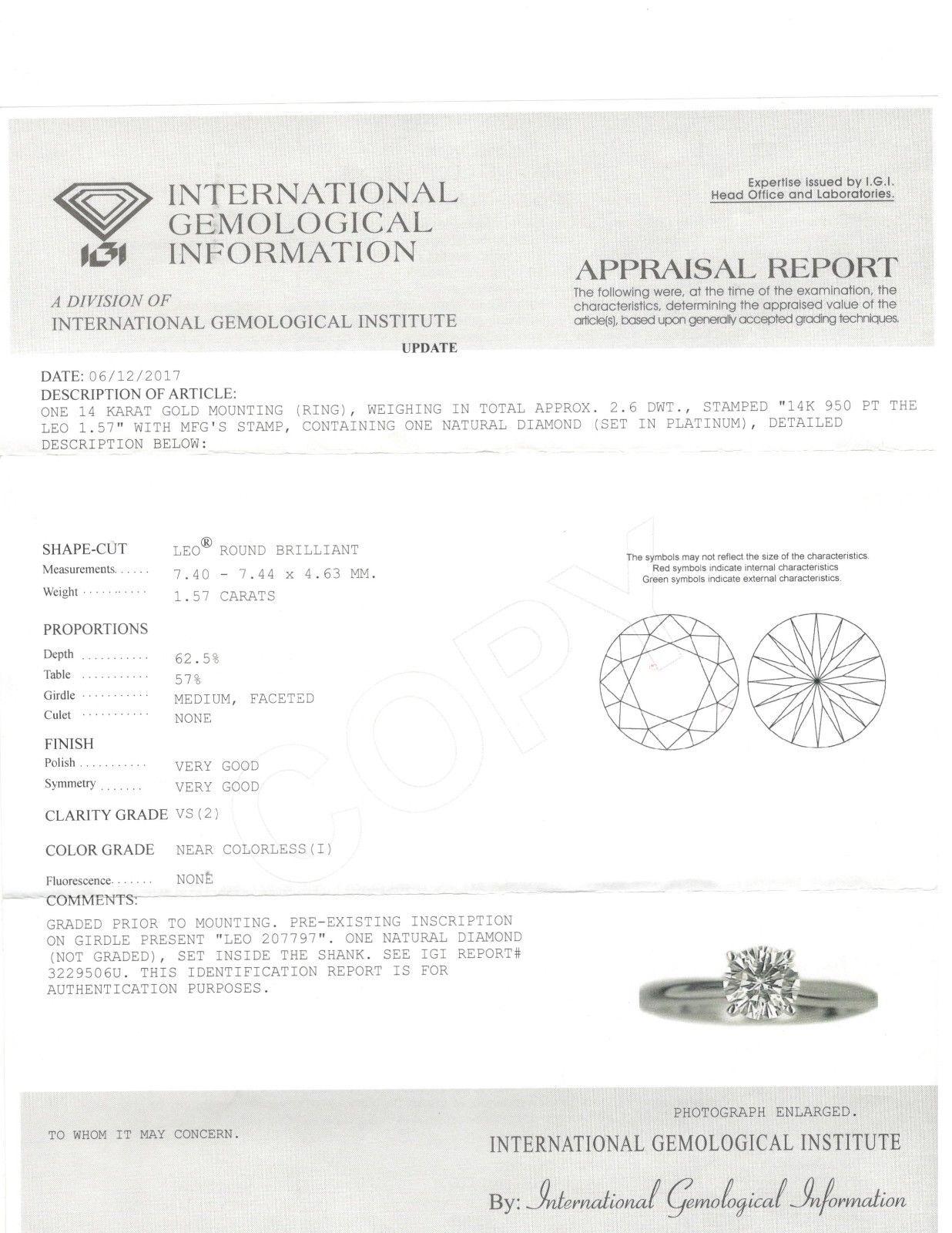 Leo Diamond Engagement Ring Round 1.57 Carat I VS2 in 14 Karat Gold IGI Report For Sale 1
