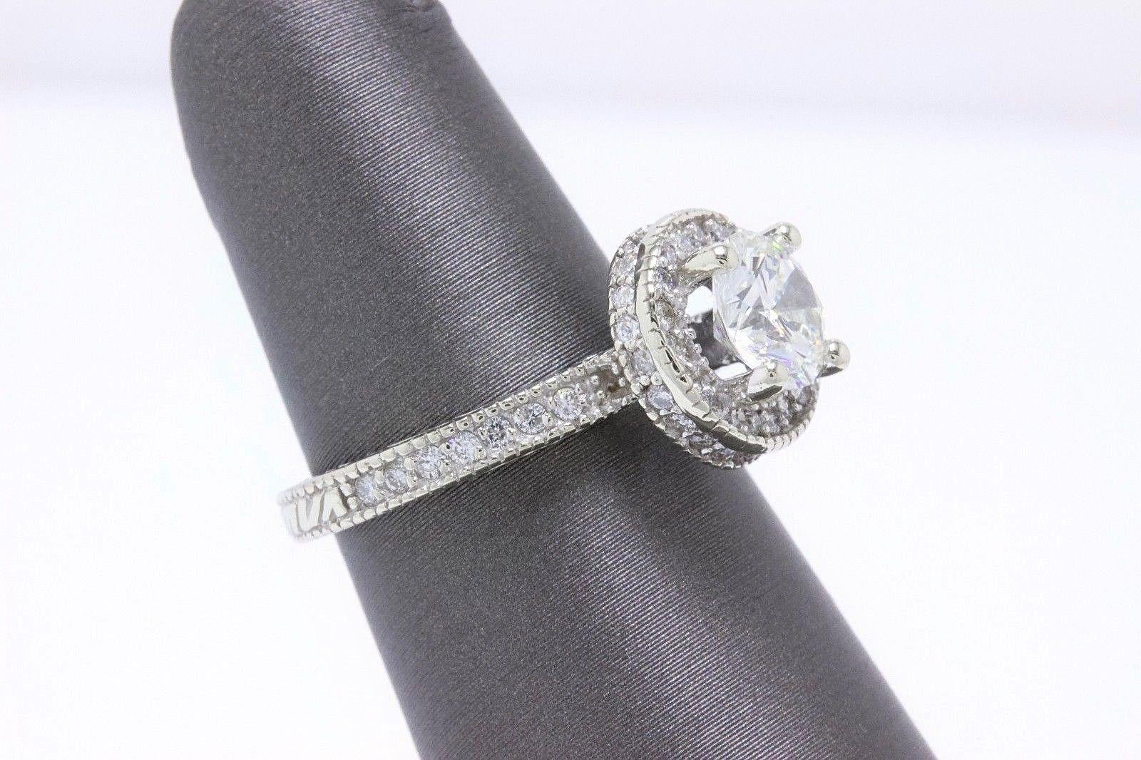 Leo Diamond Engagement Ring Round Cut 1.62 TCW 14K White Gold Halo Setting In Excellent Condition For Sale In San Diego, CA