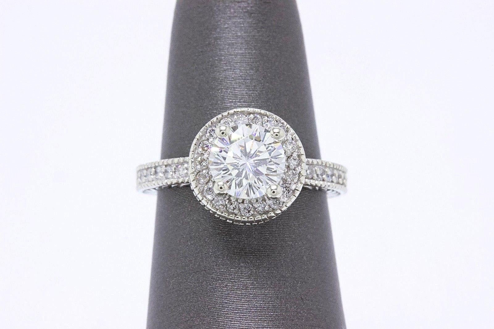Women's Leo Diamond Engagement Ring Round Cut 1.62 TCW 14K White Gold Halo Setting For Sale