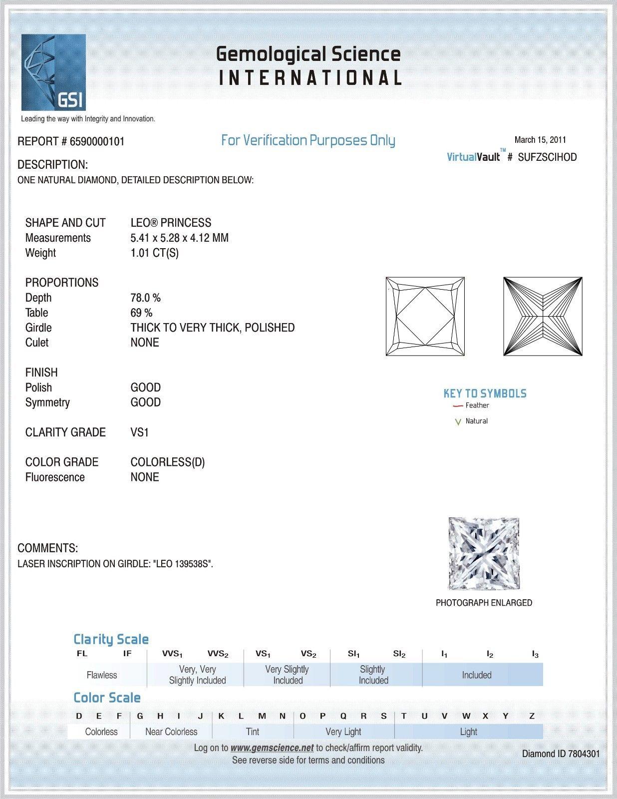 Leo Diamant Prinzessinnenschliff 1,01 CT D VS1 Solitär Verlobungsring 14K Weißgold (Carréschliff) im Angebot