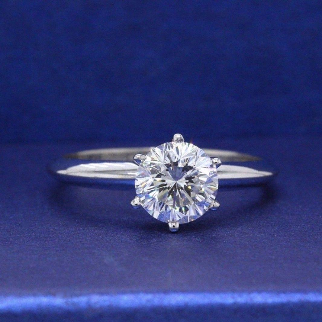 Leo Bague de fiançailles solitaire en or blanc 14 carats avec diamant taille ronde 1,05 CTS H SI1 Pour femmes en vente