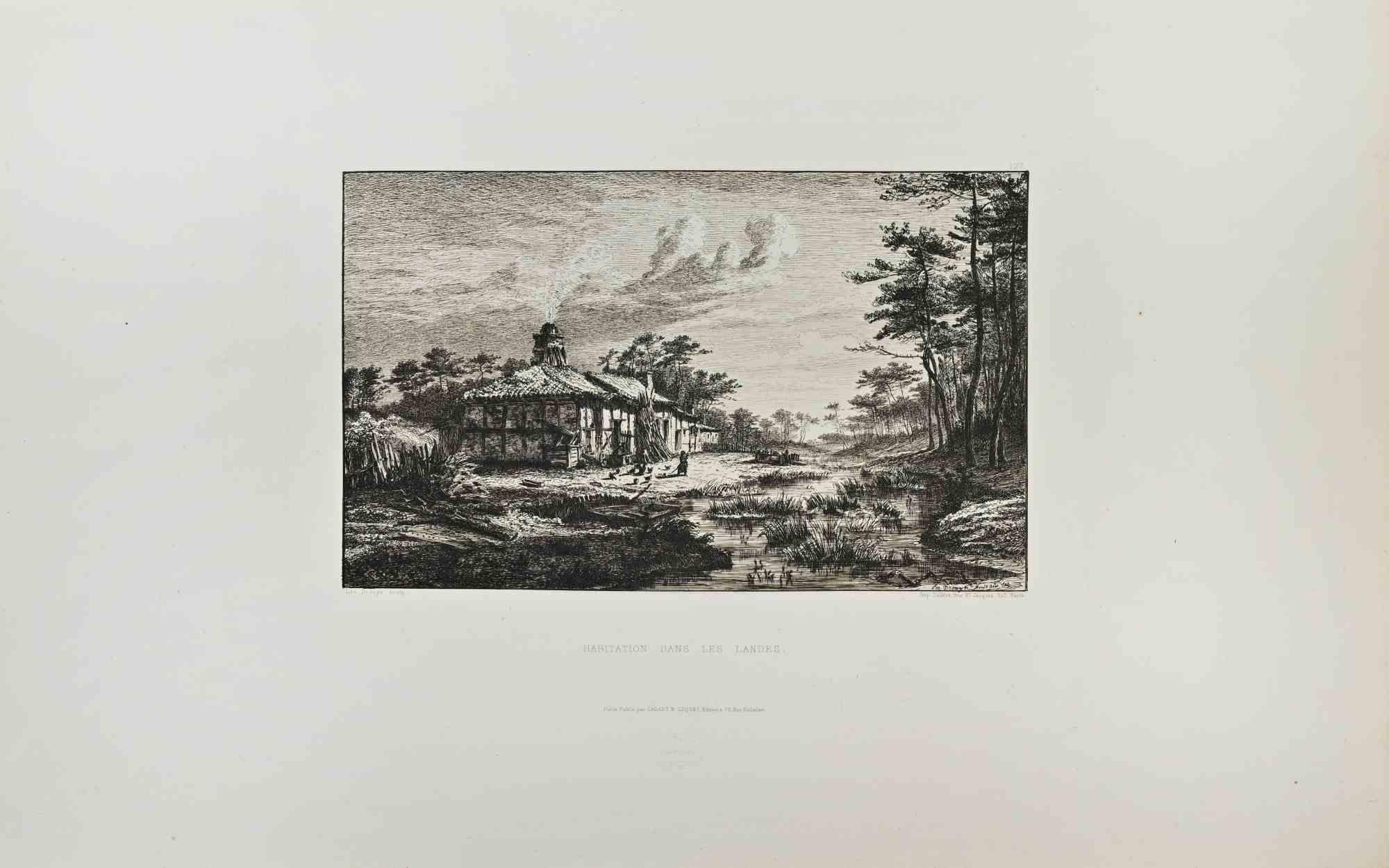 Leo Drouyn Figurative Print - Habitation dans les Landes - Etching by Léo Drouyn - 1865 ca.