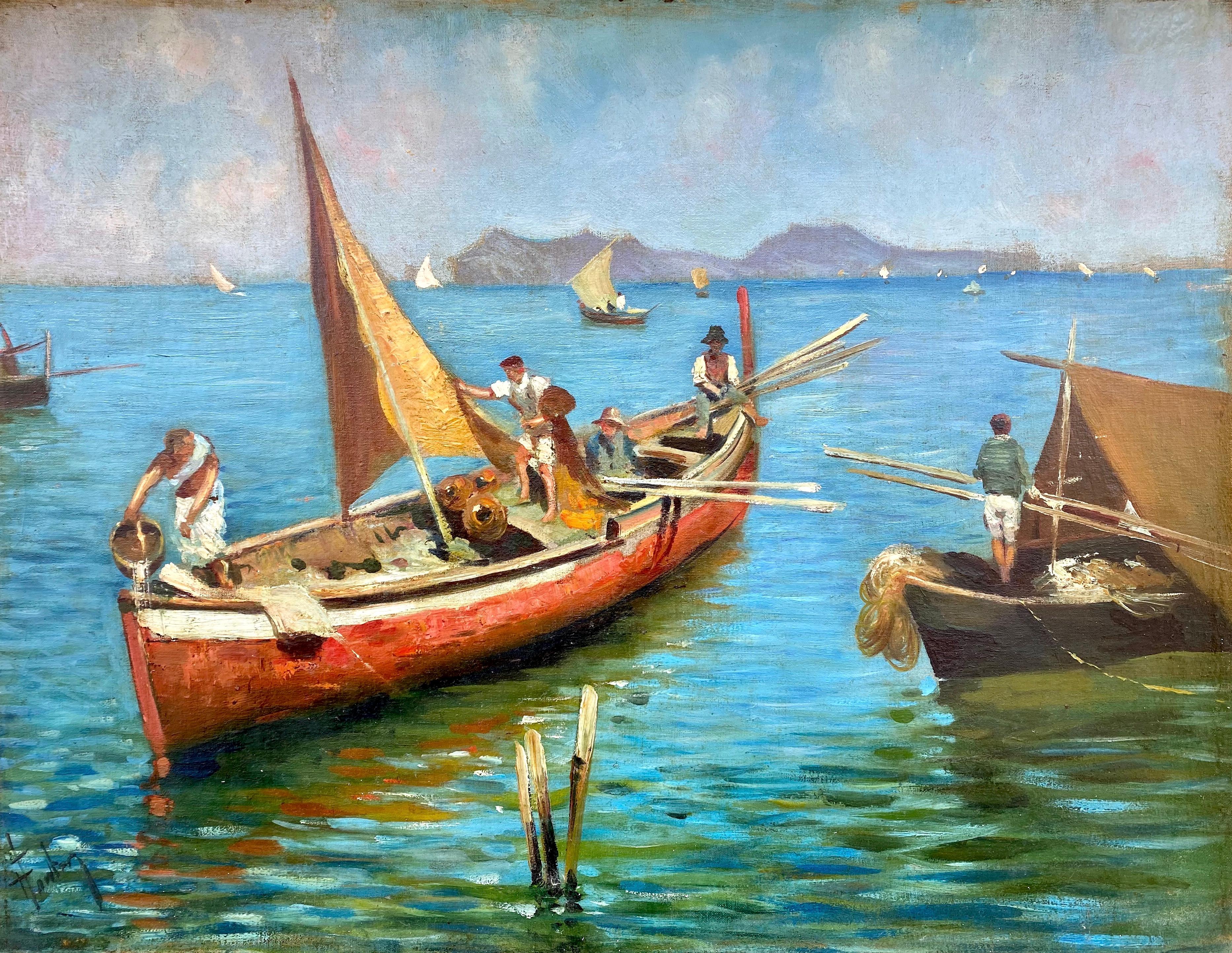 Mare azzurro: barche e pescatori in un soleggiato paesaggio marino del Mediterraneo - Painting di Leo Fontan