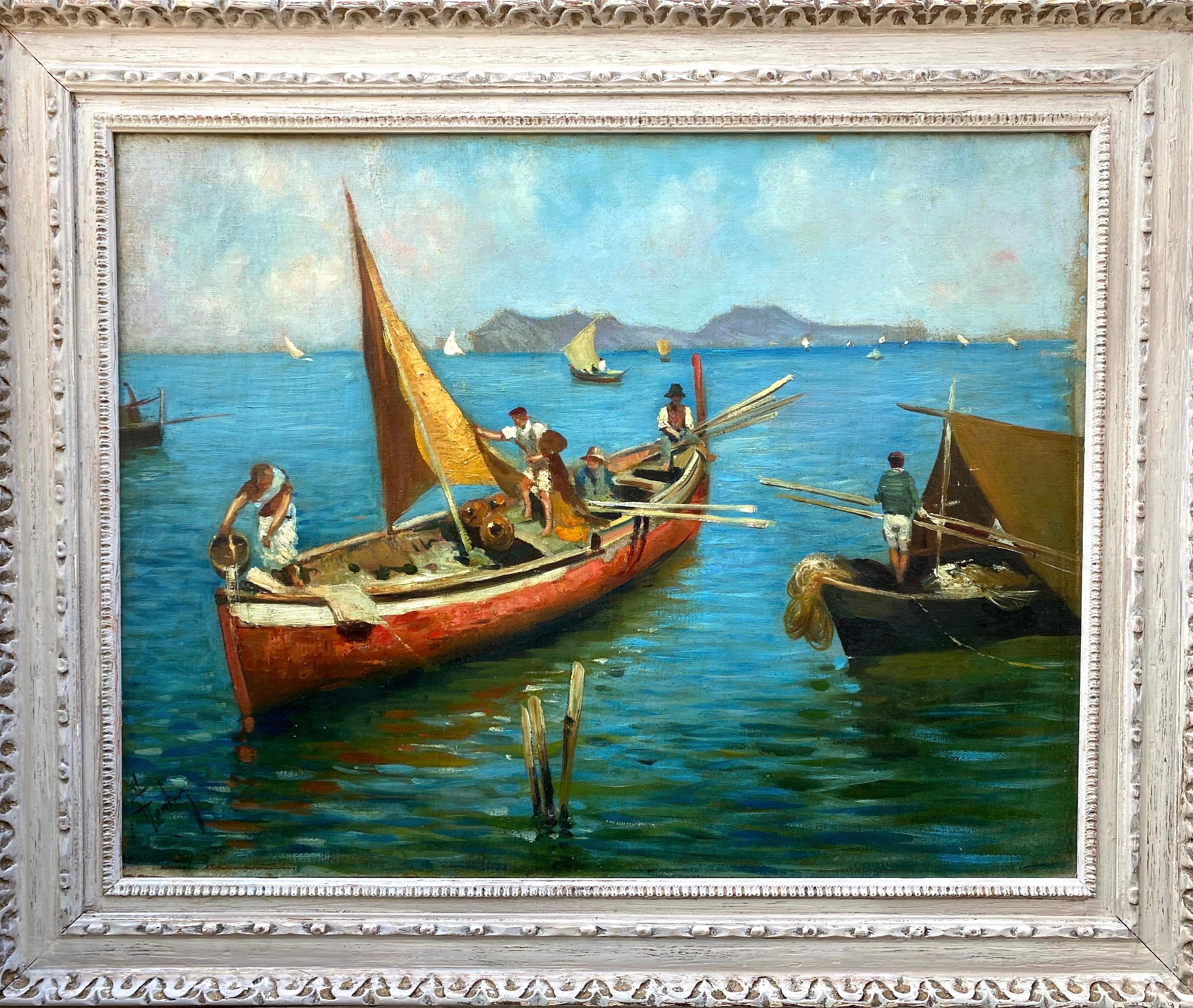 Leo Fontan Figurative Painting - Azure blue sea: boats and fishermen on the Mediterranean sunny coastal seascape