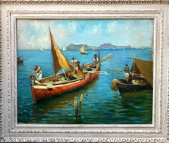 Vintage Azure blue sea: boats and fishermen on the Mediterranean sunny coastal seascape