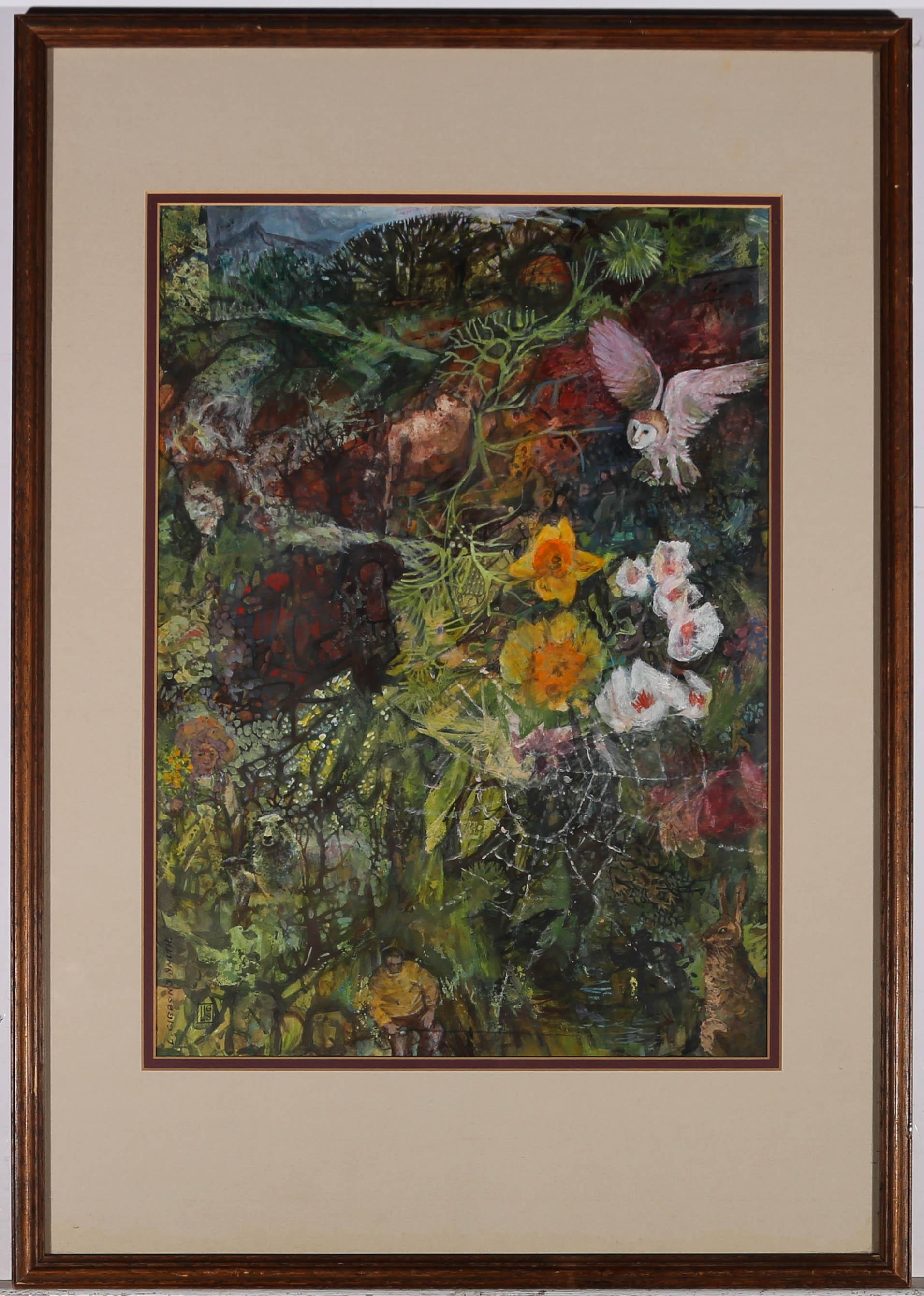This dynamic acrylic study depicts spring motifs such as daffodils, a hare and an owl. A fisherman can be seen to the lower half of the painting surrounded by nature. Signed with a signature and a monogram. Label verso with title and information on