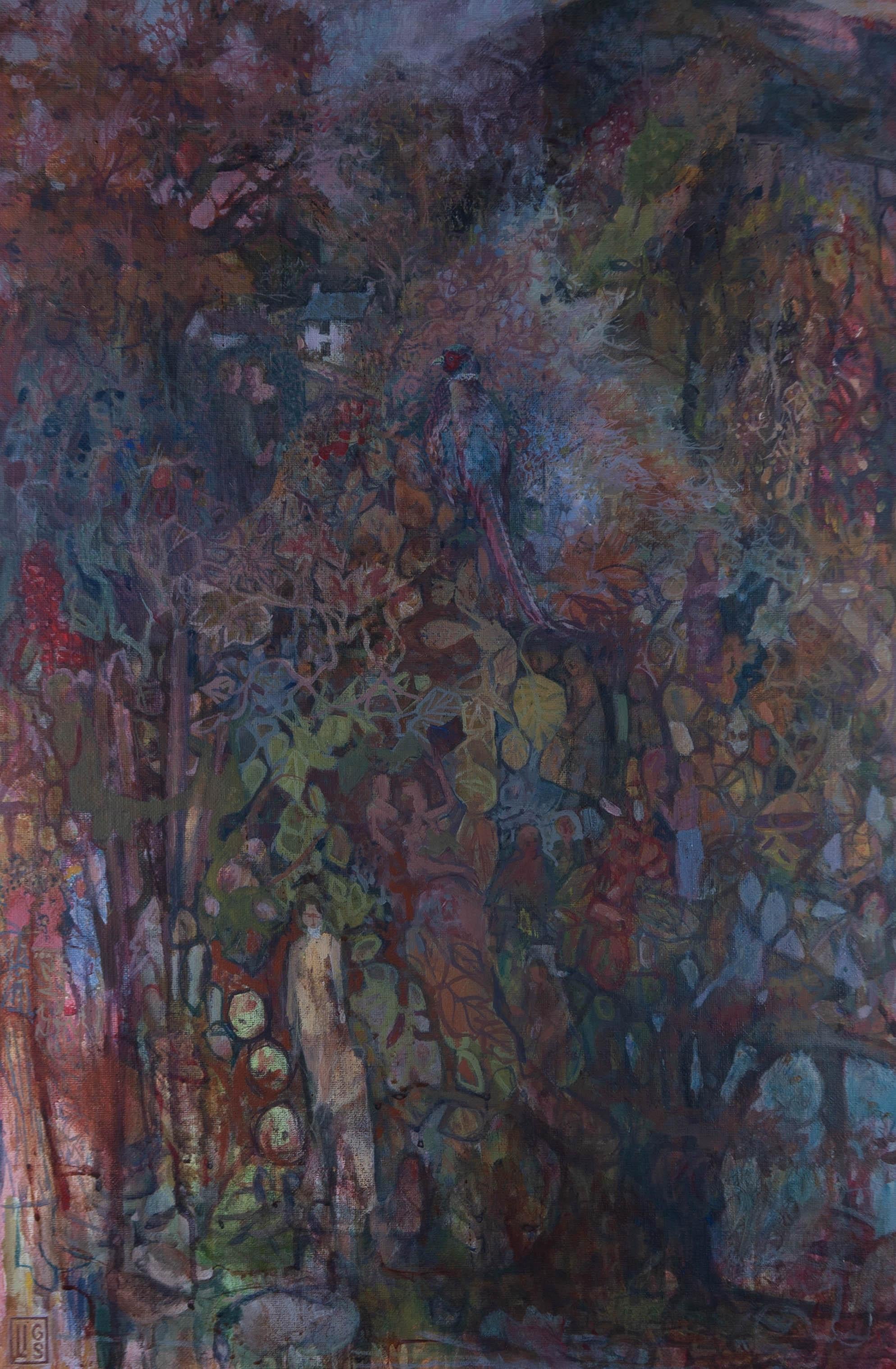 An eclectic and dynamic modernist depiction of Autumn in oil. The artist has created a wonderfully rich scene with of figures intertwined with trees, leaves and other Autumnal motifs such as a pheasant, apples and brown leaves. A cottage can be seen