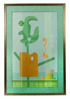 Abstrakte grüne Komposition – Mischtechnik von Leo Guida – 1970er Jahre