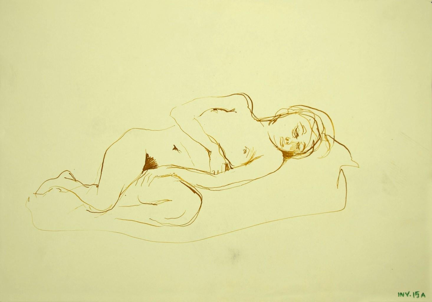 Nude - Mixed Media Drawing on Paper - 1970s - Mixed Media Art by Leo Guida