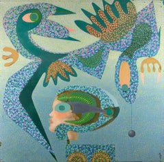«Baby», óleo abstracto sobre lienzo, enmarcado, 1983, en perfecto estado, 70 x 70 cm
