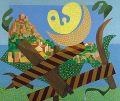 Italienische Landschaft mit Signalen – Öl auf Leinwand von Leo Guida – 1984