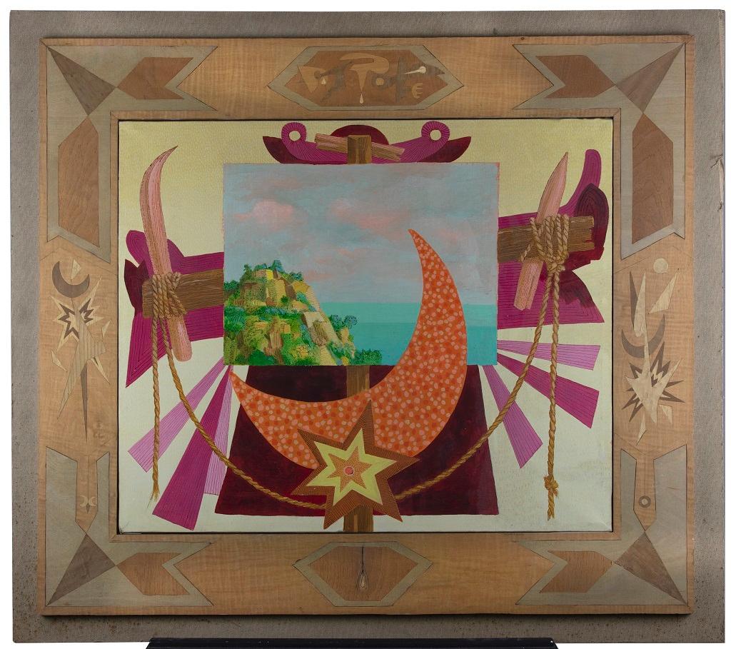 Paisaje italiano con señales - Óleo sobre lienzo de Leo Guida - 1984 en venta 1