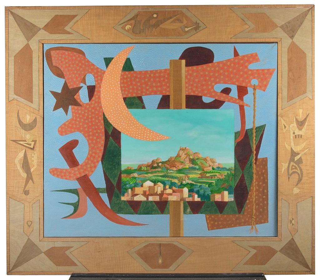 Paisaje italiano con señales - Óleo sobre lienzo de Leo Guida - 1984 en venta 1