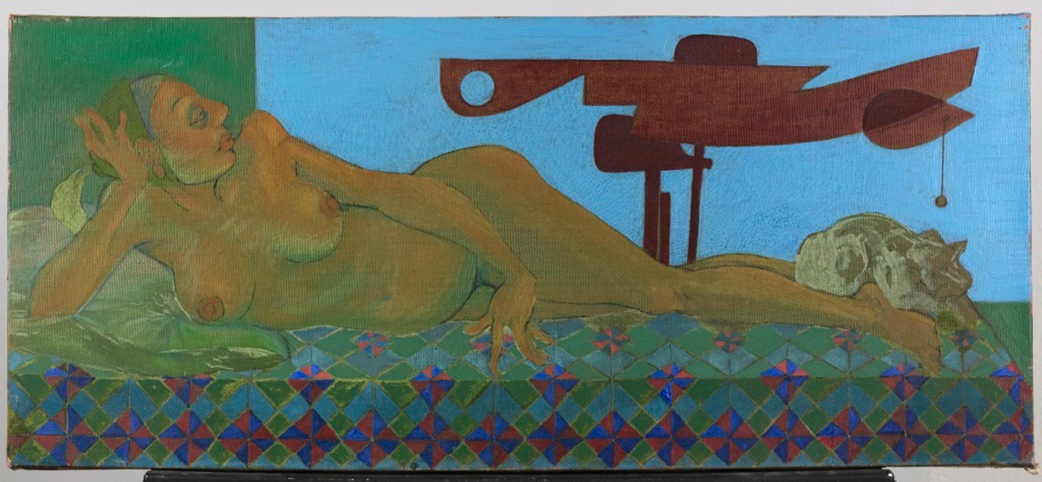 Lying Nude mit Signals 1 – Ölfarbe auf Leinwand von Leo Guida – 1988 im Angebot 1