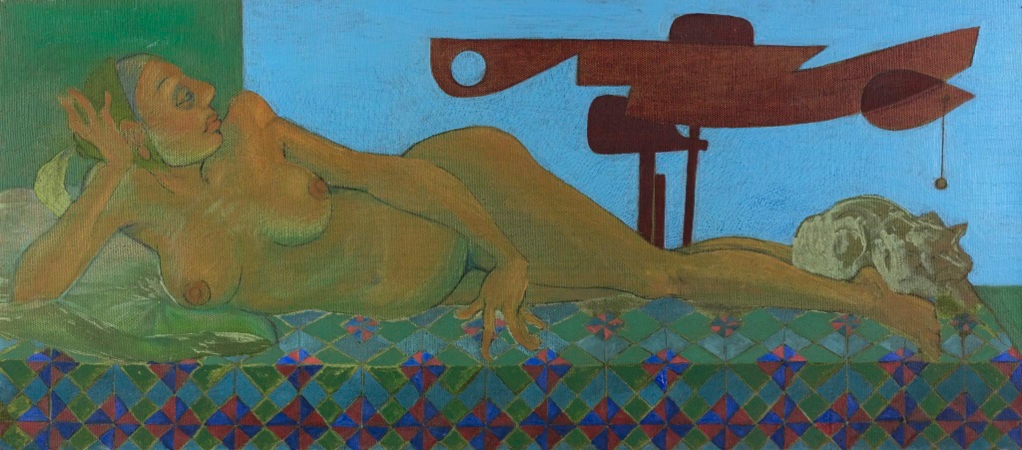 Lying Nude with Signals 1 (Originaltitel: Nudo disteso con segnali 1) ist ein originales zeitgenössisches Kunstwerk, das 1988 von dem italienischen zeitgenössischen Künstler Leo Guida (1992 - 2017) realisiert wurde.

Original Öl auf Leinwand.