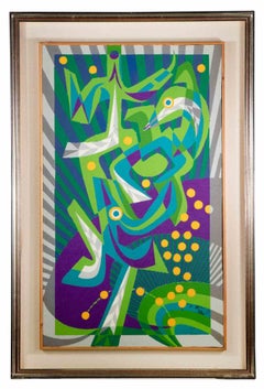 Violet and Green Composition - Oil Painting by Leo Guida - 1970s
