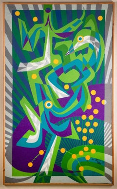 Composition violette et verte - Peinture à l'huile de Leo Guida - 1970