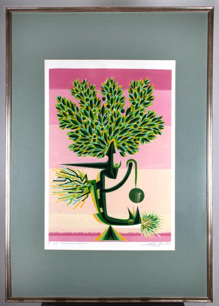 Albero provvisorio 1  is an original Contemporary artwork realized in  1995  by the italian Contemporary artist  Leo Guida  (1992 - 2017).

Original mixed colored etching.

Hand signed  on the lower right margin.
Artist's proof. 
Includes wooden