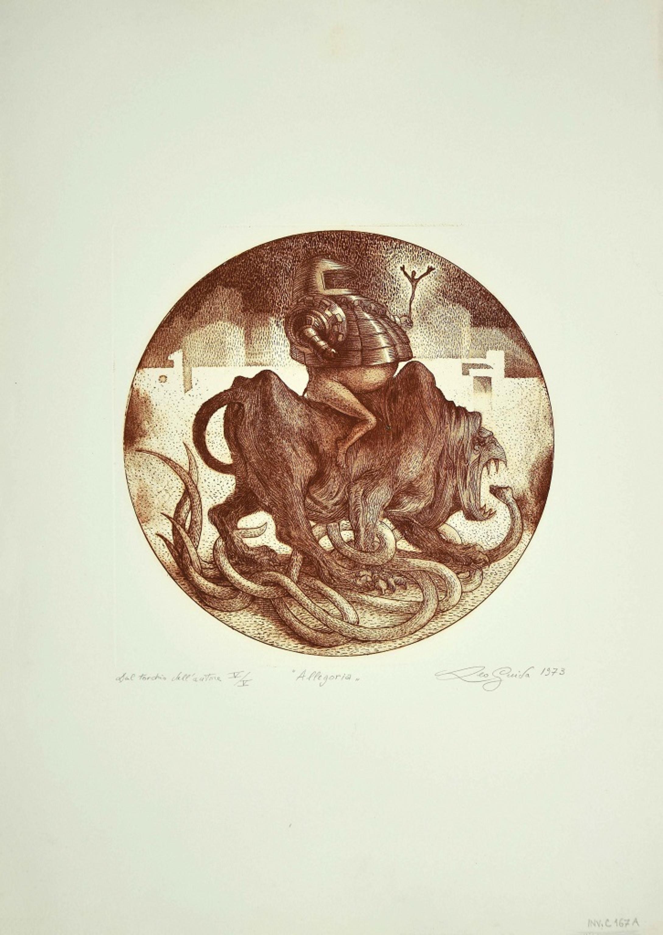Allegory is an original Contemporary artwork realized in 1973 by the italian artist Leo Guida.

Etching on paper. 

Numbered in Roman Numerals, Titled, Hand-signed and Dated in pencil on the lower margin: dal torchio dell'artista V/V "Allegoria" Leo